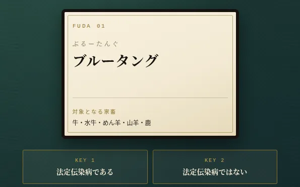 カード分類ゲームの画面。札の疾病が法定伝染病かどうかを2択で答える